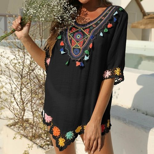 Vintage Women Floral Embroidered Summer Beach Dress