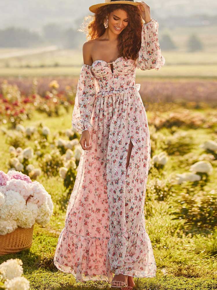 Off-shoulder Semi-sheer Sleeves Maxi Dress