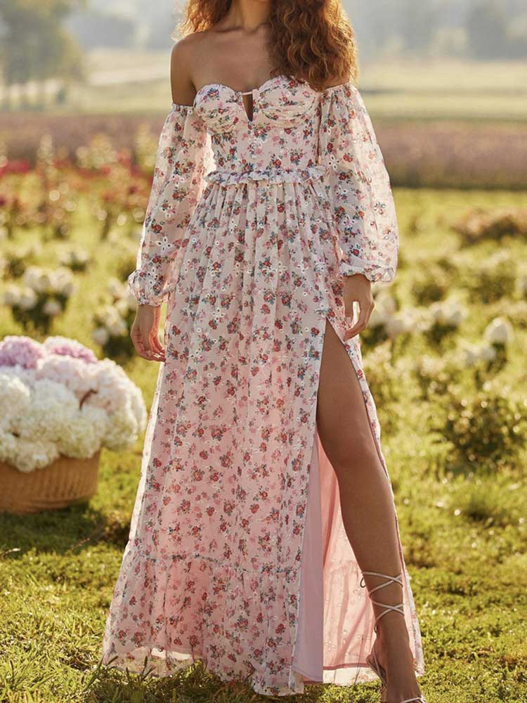 Off-shoulder Semi-sheer Sleeves Maxi Dress