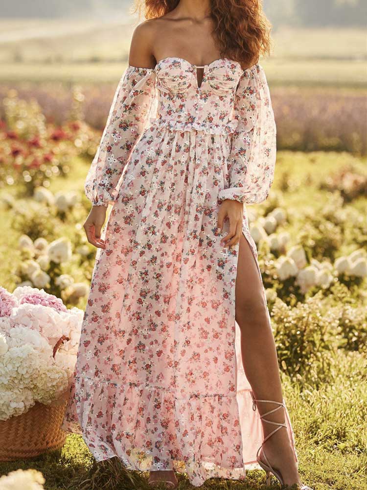 Off-shoulder Semi-sheer Sleeves Maxi Dress