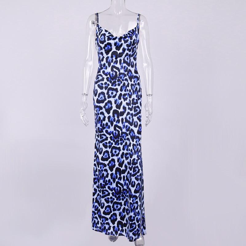 Woman Sexy Backless Spaghetti Straps Cowl Neck Split Maxi Dress