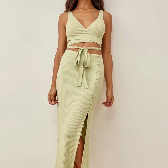 Cross Bandage Women Tank Top High Waist Split Skirt